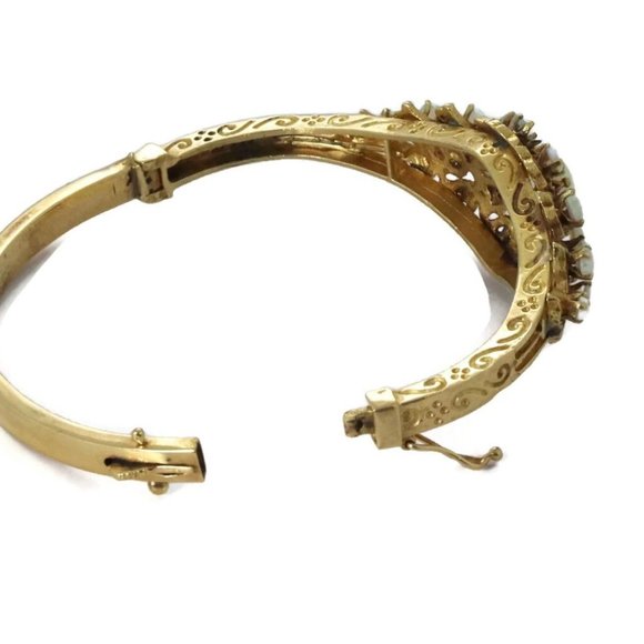 Natural Opal 14kYellow Gold Floral Bangle Bracelet - Picture 4 of 5